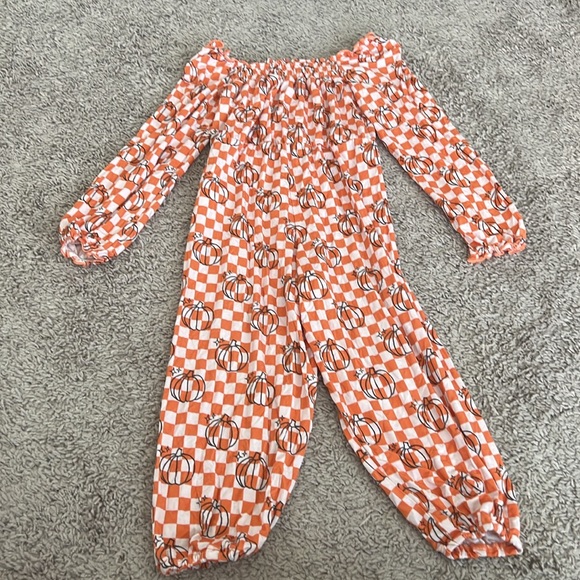 Dream Big Little Orange Checkered Pumpkin Long Sleeve Romper - Picture 4 of 4